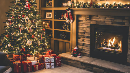 A warm and inviting living room scene features a beautifully adorned Christmas tree, twinkling lights, a glowing fireplace, and presents, creating a festive atmosphere.の素材