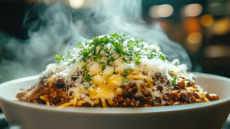 A steaming bowl of spaghetti topped with rich meat sauce and melted cheese, garnished with fresh herbs, perfect for food lovers and culinary presentations.の素材