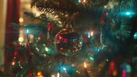 A stunning close-up view of a shiny Christmas ornament elegantly hanging from a beautifully decorated tree, illuminated by colorful lights, evoking warmth and joy.の素材