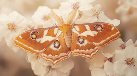 A stunning close-up view of a vibrant orange and white butterfly resting on soft blossoms, showcasing intricate patterns and serene natural beauty. Perfect for nature enthusiasts and photography lovers.の素材