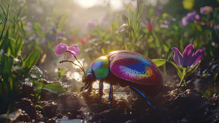 A mesmerizing rainbow beetle explores a sunlit meadow, surrounded by colorful flowers and glimmering dew. This vibrant scene captures the beauty of nature.の素材