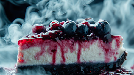 This enticing image features a luscious slice of cheesecake topped with fresh berries and a glossy sauce, set against a dark smoky backdrop, emphasizing its exquisite details.の素材