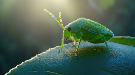 This image captures a stunning green insect perched on a leaf, bathed in soft natural light that accentuates its delicate features and vibrant colors.の素材