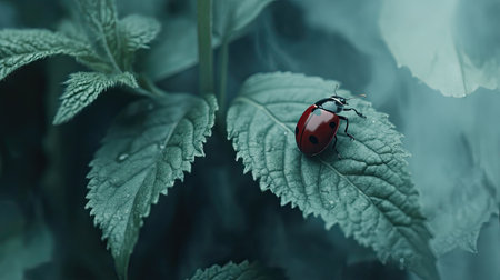 A stunning close-up image depicting a bright red ladybug perched on a green leaf with glistening dewdrops, showcasing the beauty of nature.の素材