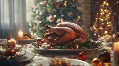 A beautifully roasted turkey sits at the center of a festive dining table, surrounded by candles and Christmas decorations, evoking warmth and celebration.の素材