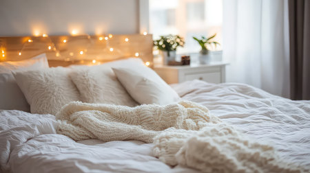 This serene bedroom scene showcases a soft bedding arrangement with warm lighting and lush plants, creating an inviting atmosphere perfect for relaxation.の素材