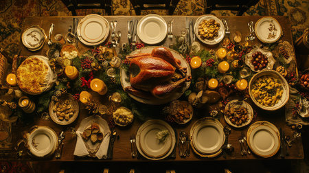 A beautifully arranged Thanksgiving dinner featuring a roasted turkey at the center, surrounded by seasonal dishes, candles, and tasteful decor, perfect for celebrating warmth and togetherness.の素材