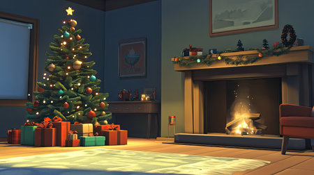 This inviting Christmas living room features a beautifully decorated tree, a glowing fireplace, and colorful gifts, creating a warm holiday atmosphere.の素材