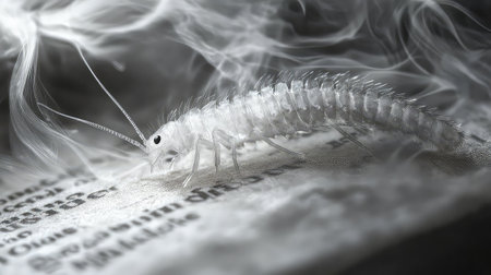 A striking close-up of a translucent shrimp on a textured page, enveloped in ethereal smoke, showcasing intricate details and a captivating atmosphere.の素材