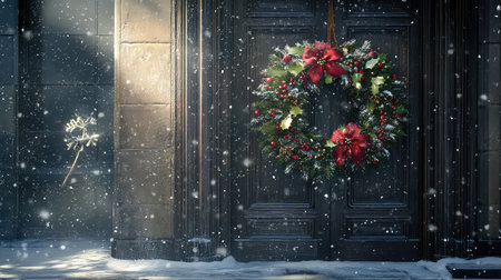 A beautiful Christmas wreath adorned with red flowers and greenery hangs on a dark wooden door. Soft snowfall creates a magical winter ambiance, enhancing the festive spirit.の素材