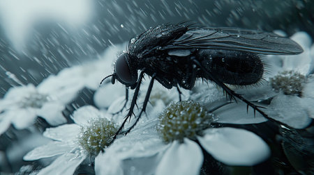 This macro photograph captures a fly delicately perched on white flower petals, accentuated by rain droplets. The soft focus background adds depth to the natural scene.の素材