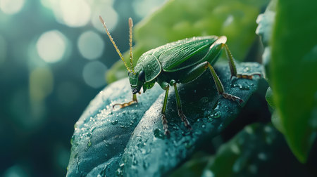 This stunning close-up showcases a vibrant green grasshopper perched on a dew-covered leaf, highlighting the intricate details of nature's beauty in a peaceful setting.の素材