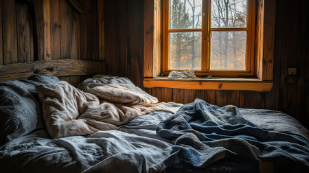 A cozy rustic bedroom features an unmade bed with soft blankets, inviting relaxation. The window showcases a tranquil autumn landscape, enhancing the peaceful atmosphere.の素材