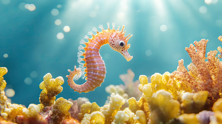 A colorful seahorse gracefully swims amid vibrant coral reefs illuminated by sunlight. This enchanting underwater scene captures marine beauty and biodiversity.の素材