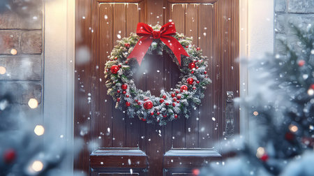 A stunning Christmas door adorned with a lush wreath featuring red ornaments and a vibrant bow, surrounded by falling snow, evokes a cozy winter ambiance.の素材
