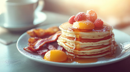A beautiful presentation of fluffy pancakes layered high, adorned with juicy raspberries and glistening syrup. Served alongside crispy bacon and eggs, perfect for breakfast or brunch.の素材