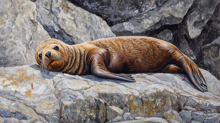 A serene and realistic portrayal of a sea lion resting on rocky terrain. The detailed textures and lighting capture the tranquility of nature and wildlife.の素材