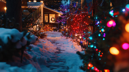 A beautiful winter pathway illuminated by colorful Christmas lights creates a warm and inviting atmosphere. Snow blankets the ground, enhancing the festive mood.の素材