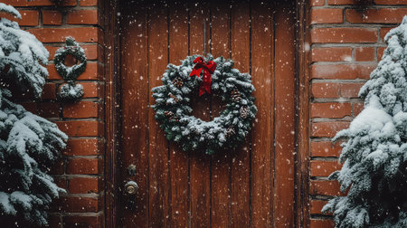 A picturesque winter scene featuring a beautifully adorned door with a holiday wreath, surrounded by snowy trees, evoking warmth and festive cheer.の素材