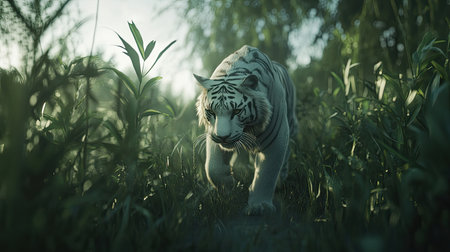 A stunning white tiger walks gracefully through a lush green environment, showcasing its power and beauty in a serene natural setting.の素材