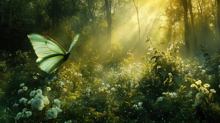 A mesmerizing scene showcasing a delicate butterfly fluttering above white flowers in a vibrant green forest, illuminated by gentle sunlight rays.の素材