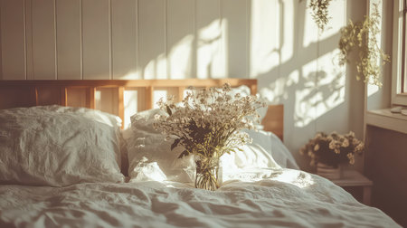A serene bedroom scene featuring soft white bedding illuminated by gentle sunlight, complemented by a beautiful floral arrangement, creating a warm ambiance.の素材