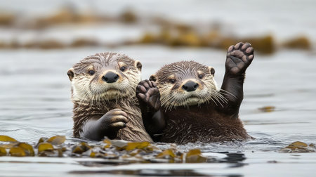 Two adorable sea otters engage in playful antics while swimming in their natural habitat, surrounded by lush kelp. Their joyful spirit captivates.の素材
