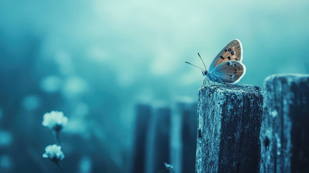 This stunning image captures a delicate butterfly resting on a wooden fence post, surrounded by a blurred blue background showcasing a serene natural setting.の素材