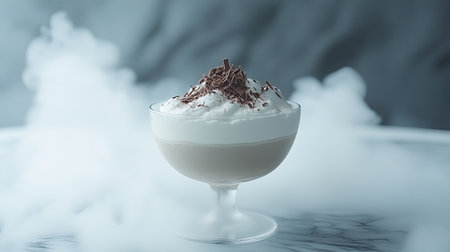 A delightful creamy dessert elegantly presented with chocolate shavings on top, enveloped in a mystical mist for a captivating culinary experience.の素材