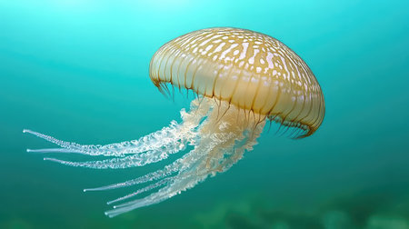 A stunning view of a jellyfish gracefully floating in a clear underwater environment, showcasing its delicate tentacles and soft light, capturing the beauty of marine life.の素材