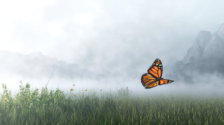 A stunning scene captures a vibrant monarch butterfly gracefully flying above a misty grassland, surrounded by majestic mountains, embodying tranquility and natural beauty.の素材