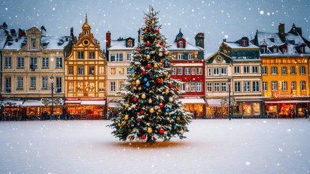 A picturesque Christmas market scene featuring a beautifully decorated tree surrounded by charming historic buildings and a blanket of snow.の素材