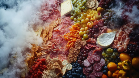 An artfully arranged charcuterie board featuring a vibrant selection of cheeses, meats, fruits, and crackers, creating a festive and inviting atmosphere surrounded by smoke.の素材