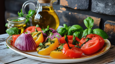A vibrant arrangement of fresh tomatoes and onions drizzled with olive oil and garnished with basil, perfect for healthy meals and cooking inspiration.の素材