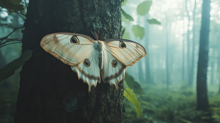 A stunning close-up of a majestic butterfly delicately perched on a tree trunk in a mystical, foggy forest. Serene atmosphere enhanced by soft sunlight.の素材
