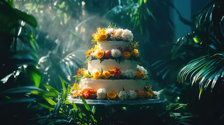 A stunning wedding cake adorned with fresh flowers stands majestically in a vibrant tropical setting. Soft light highlights the intricate details, creating a romantic atmosphere.の素材