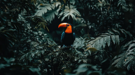 A vibrant toucan perched gracefully on a branch, surrounded by rich green foliage, showcasing the beauty of tropical wildlife in a dense rainforest setting.の素材