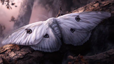 A stunning image of a white moth resting on tree bark showcases intricate eye patterns and delicate wings, evoking a sense of mystery and beauty in nature.の素材