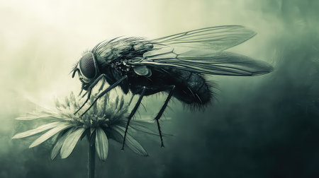 This stunning close-up image captures the intricate details of a fly resting on a delicate flower. The moody atmosphere highlights the beauty of nature and its fragile elements.の素材