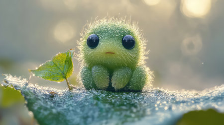 This adorable, fluffy green creature sits on a dewy leaf, capturing the essence of nature's beauty with sparkling droplets and soft lighting.の素材