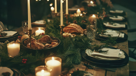 A beautifully arranged festive dinner table featuring candles, a rustic centerpiece, and a warm ambiance ideal for holiday gatherings and family meals.の素材
