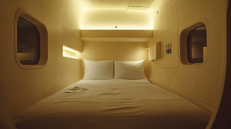 This cozy pod hotel room features soft lighting and a clean minimalist design, perfect for urban travelers seeking comfort and relaxation.の素材