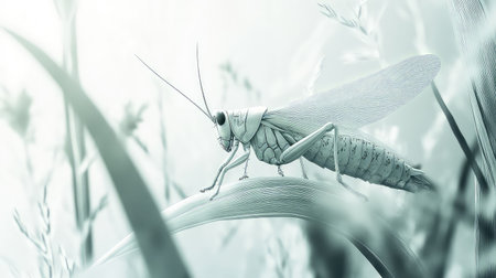 A mesmerizing close-up of a grasshopper perched on a blade of grass, showcasing intricate details and soft natural tones in a serene outdoor setting.の素材