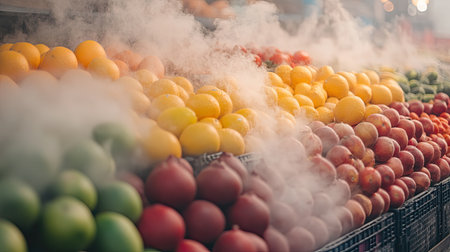 A captivating image showcasing an array of fresh fruits at a market stall, with steam rising to create an inviting atmosphere filled with vibrant colors.の素材