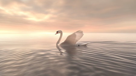 A graceful white swan gently glides over calm waters during a stunning sunset, surrounded by soft pastel reflections and a tranquil sky. Perfect for nature themes.の素材