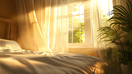 A serene bedroom scene showcasing soft sunlight filtering through sheer curtains, creating a tranquil atmosphere perfect for relaxation and comfort.の素材