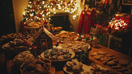 A beautifully arranged Christmas table filled with an array of delicious cookies, a charming gingerbread house, and cozy holiday decorations, perfect for festivities.の素材