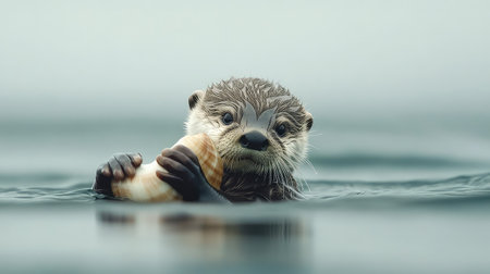 Capture of a charming sea otter floating in tranquil waters, gently clasping a shell, showcasing its delightful character and natural habitat.の素材