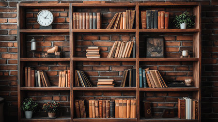 A warm and inviting home library scene featuring wooden bookshelves filled with vintage books against a rustic brick wall, designed for comfort and relaxation.の素材