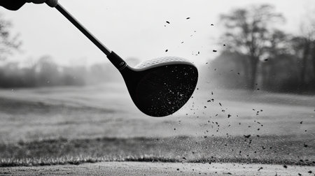 Captivating black and white image showcasing the dynamic action of a golfer in mid-swing. The blurred background enhances focus on the moment.の素材